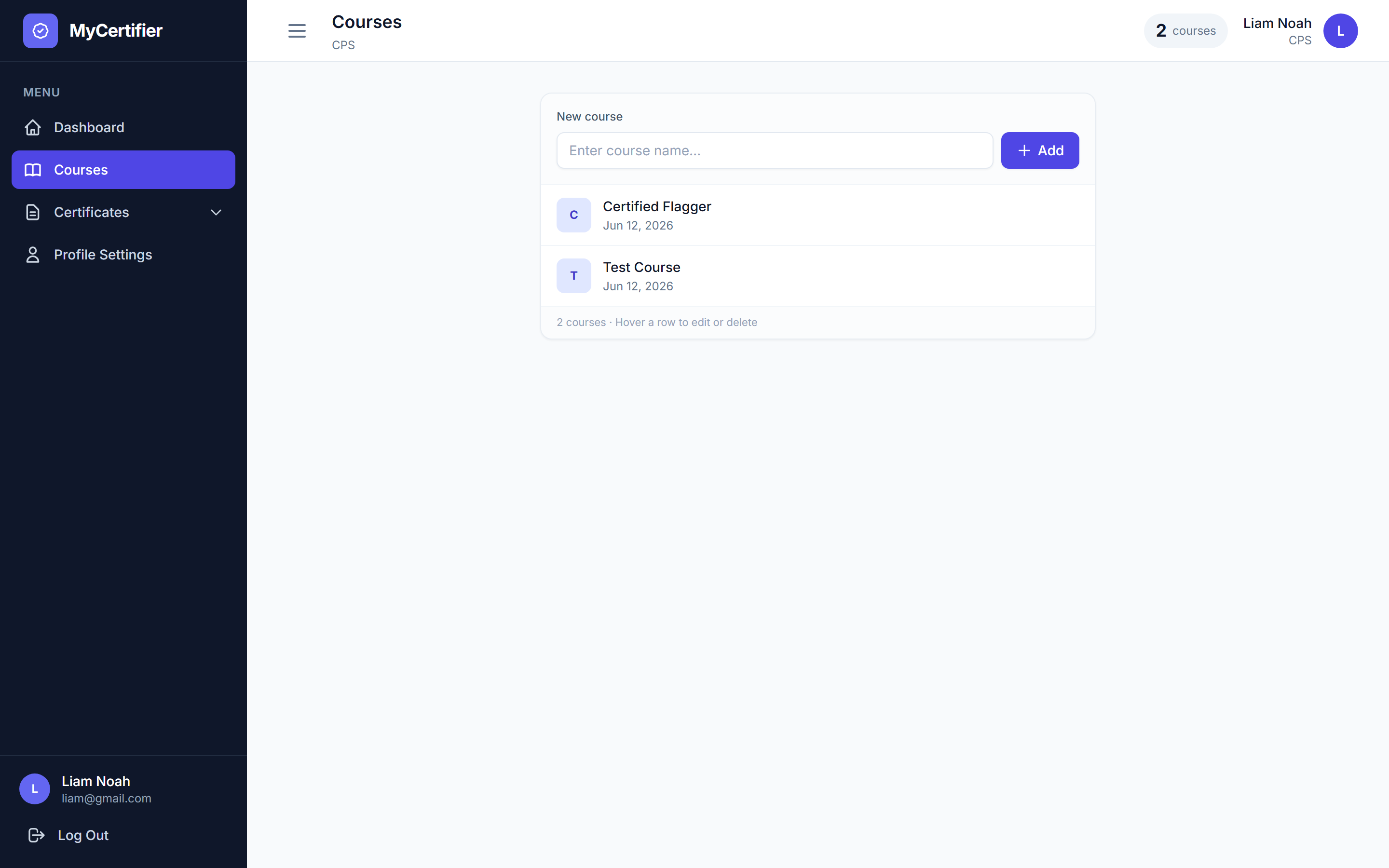 Courses management page