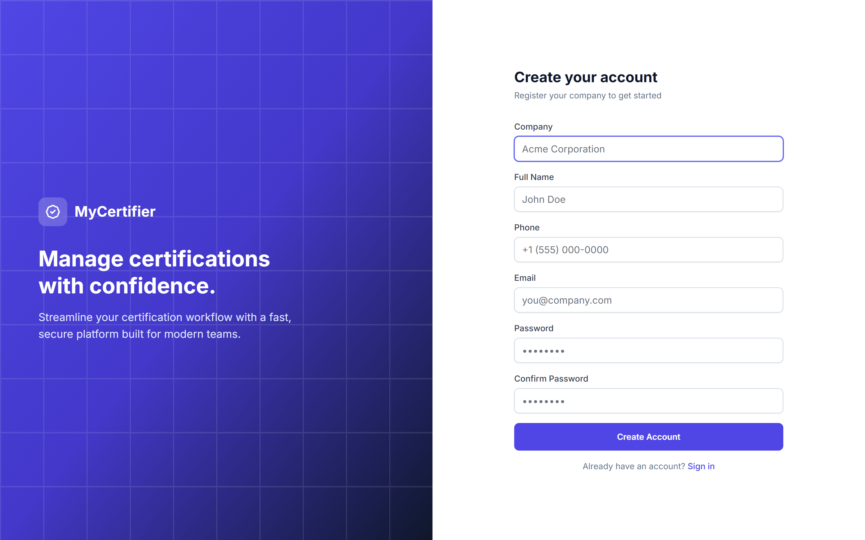 Company registration form